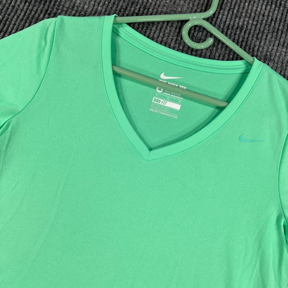 Nike Shirt Womens Medium Green Short Sleeve V Neck Dri Fit Athletic Cut Gym